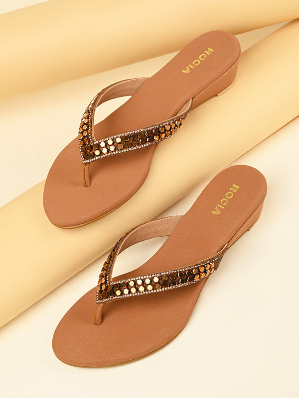 Rocia By Regal Antique Gold Women Casual Embroidered Wedges