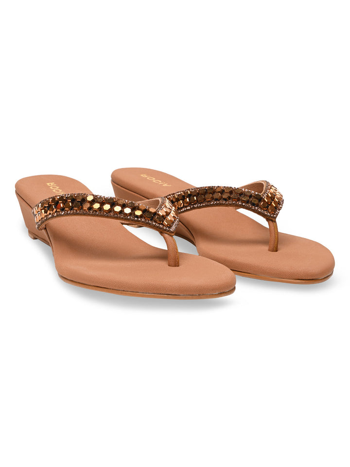 Rocia By Regal Antique Gold Women Casual Embroidered Wedges