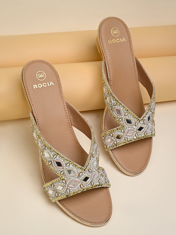 Rocia By Regal Gold Women Embroidered Wedges