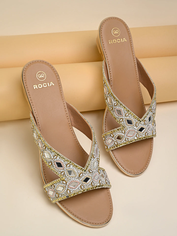 Rocia By Regal Gold Women Embroidered Wedges