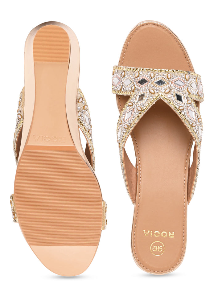 Rocia By Regal Gold Women Embroidered Wedges