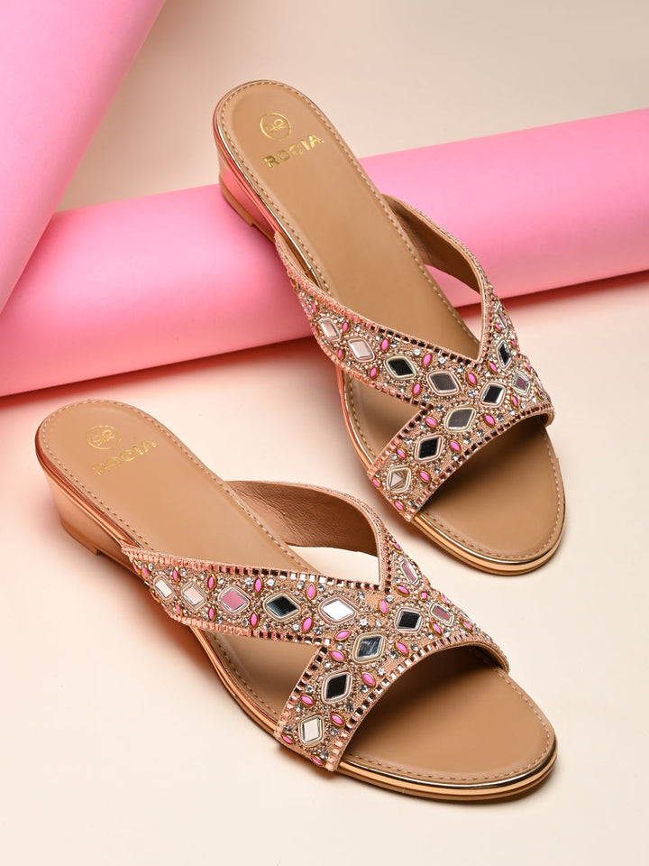 Rocia By Regal Rose Gold Women Embroidered Wedges