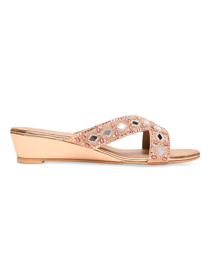 Rocia By Regal Rose Gold Women Embroidered Wedges
