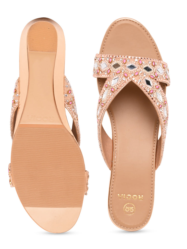 Rocia By Regal Rose Gold Women Embroidered Wedges