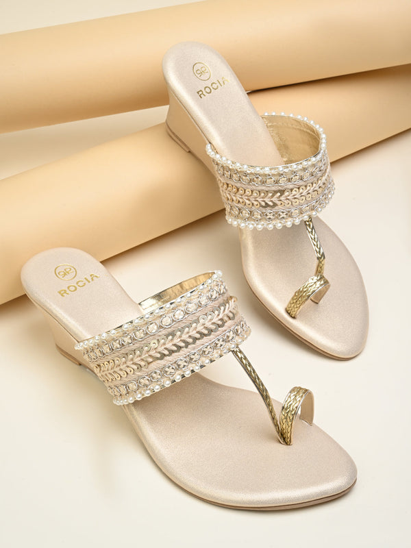 Rocia By Regal Gold Women Embroidered Wedges