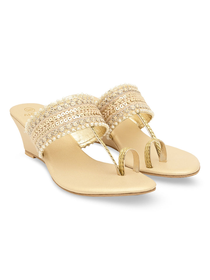 Rocia By Regal Gold Women Embroidered Wedges