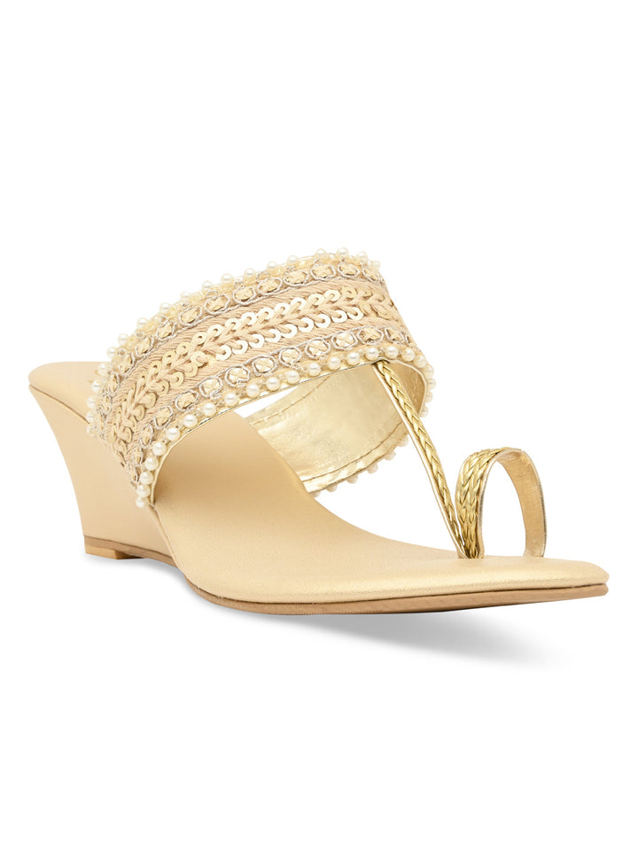 Rocia By Regal Gold Women Embroidered Wedges