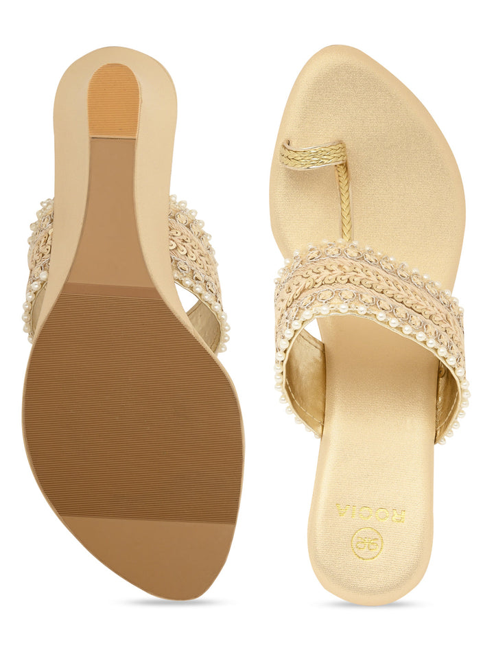 Rocia By Regal Gold Women Embroidered Wedges