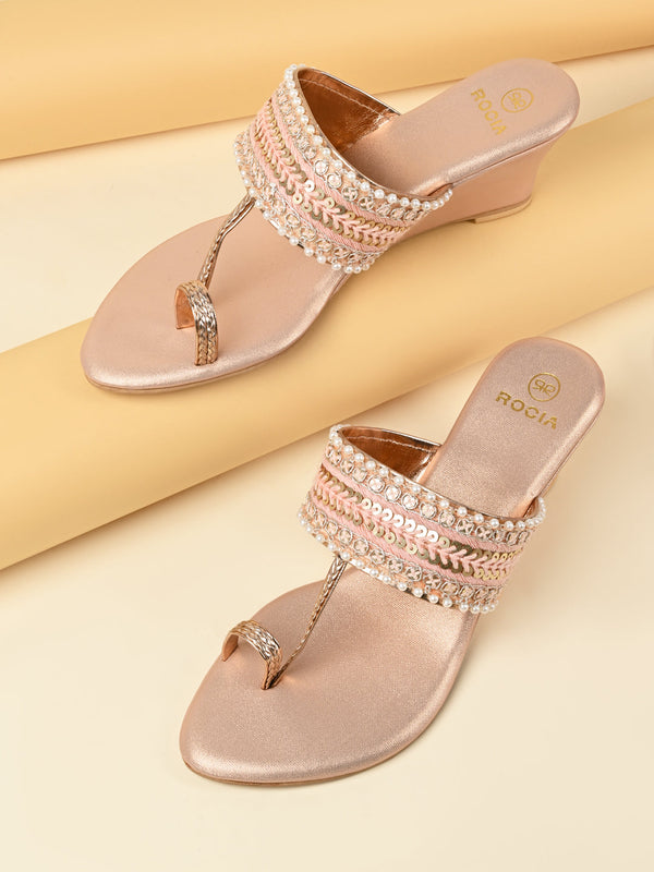 Rocia By Regal Rose Gold Women Embroidered Wedges