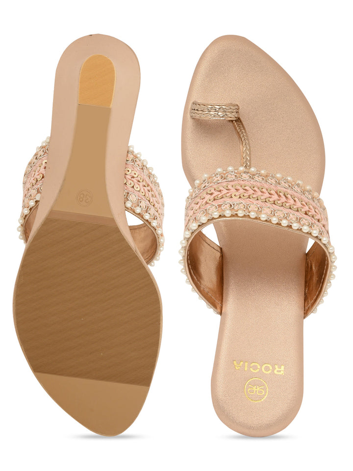 Rocia By Regal Rose Gold Women Embroidered Wedges