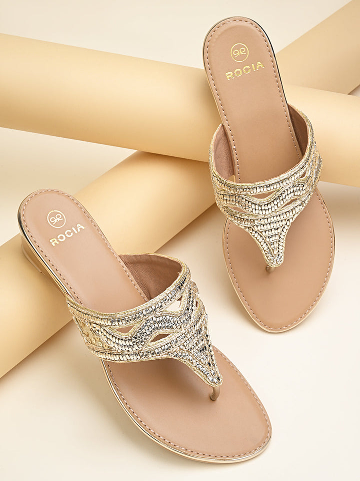 Rocia By Regal Gold Women Embroidered Wedges