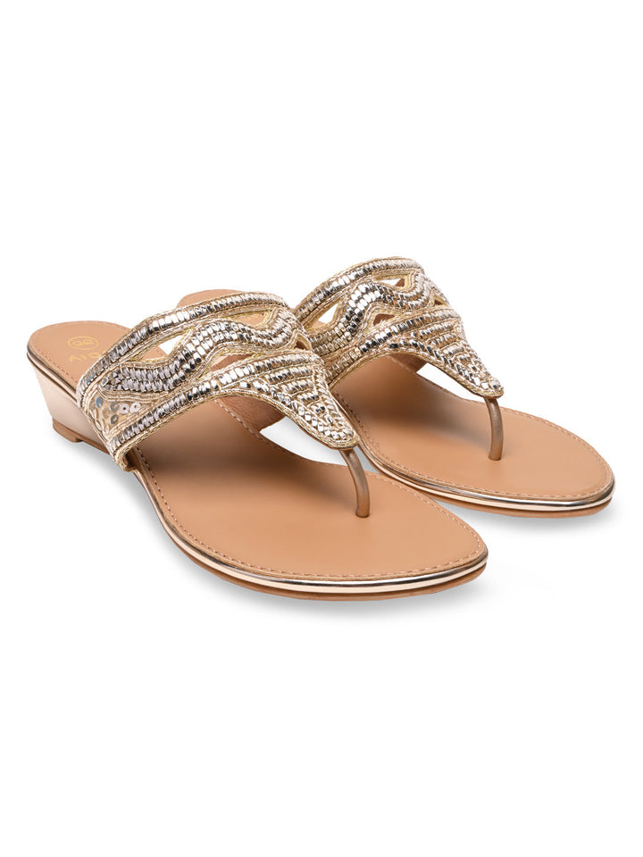 Rocia By Regal Gold Women Embroidered Wedges