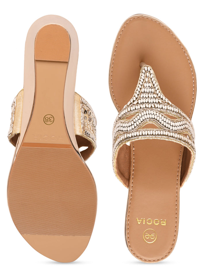 Rocia By Regal Gold Women Embroidered Wedges