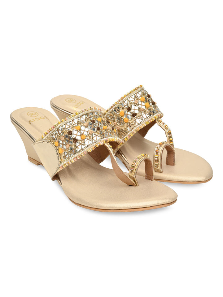 Rocia By Regal Gold Women Mirror Work Kolhapuri Wedges