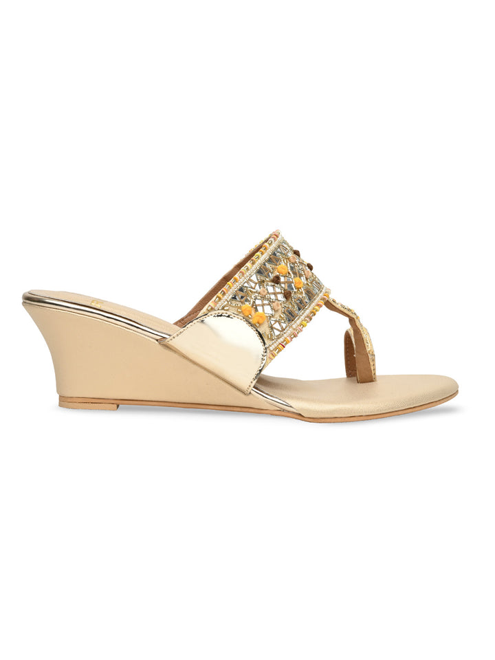 Rocia By Regal Gold Women Mirror Work Kolhapuri Wedges
