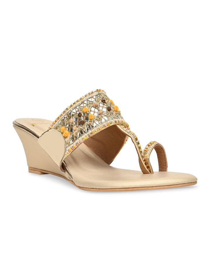 Rocia By Regal Gold Women Mirror Work Kolhapuri Wedges