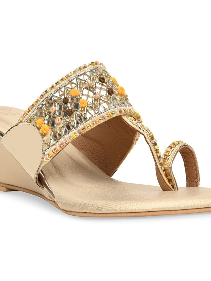 Rocia By Regal Gold Women Mirror Work Kolhapuri Wedges