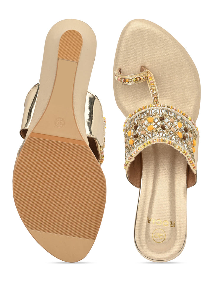 Rocia By Regal Gold Women Mirror Work Kolhapuri Wedges
