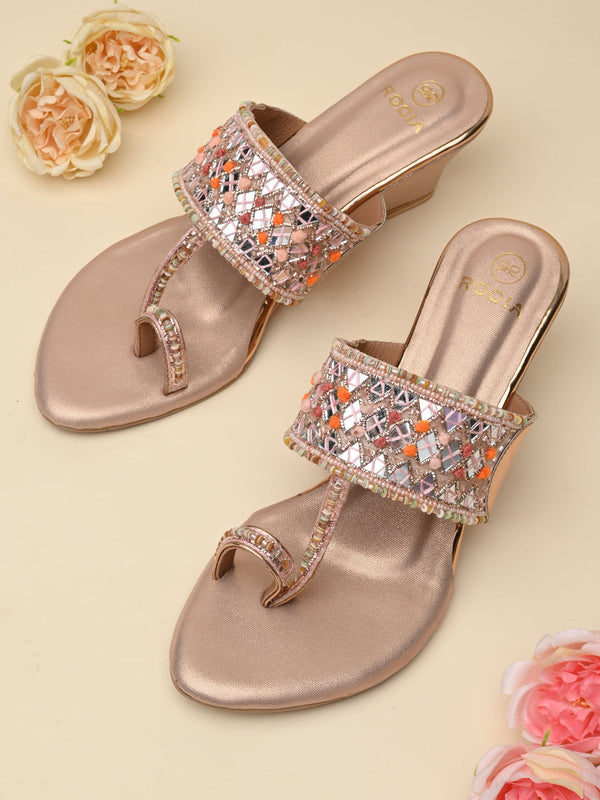 Rocia By Regal Rose Gold Women Mirror Work Kolhapuri Wedges