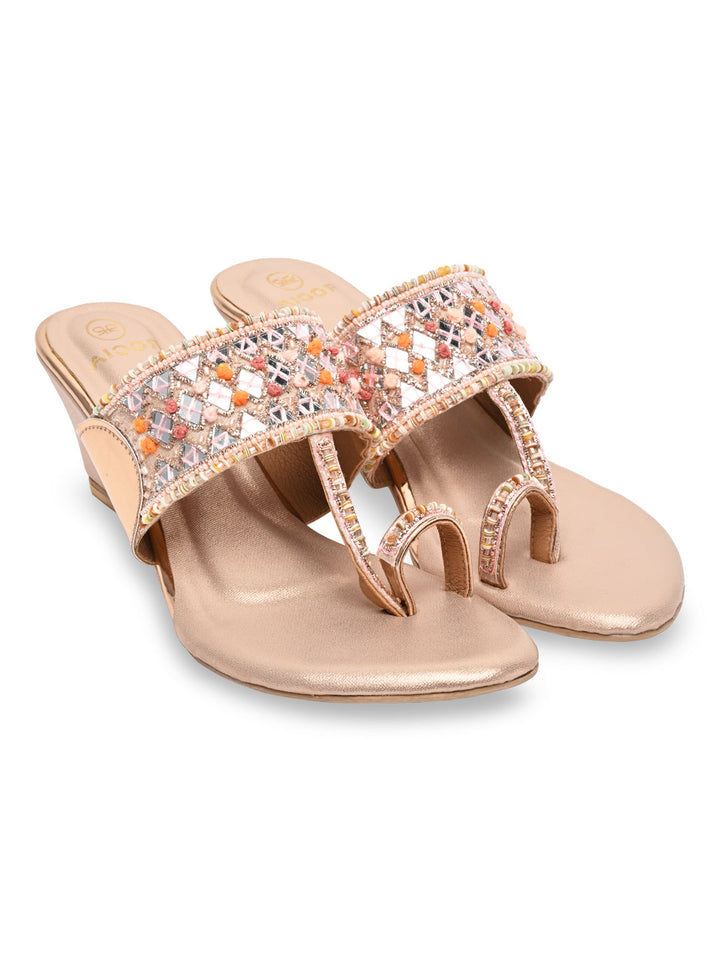 Rocia By Regal Rose Gold Women Mirror Work Kolhapuri Wedges