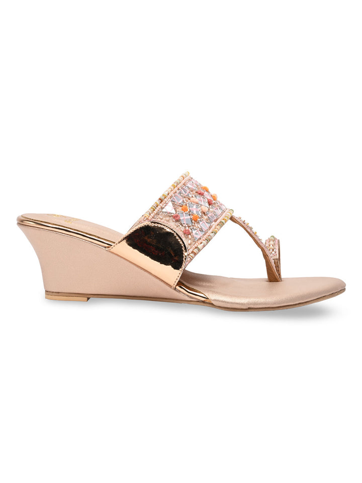 Rocia By Regal Rose Gold Women Mirror Work Kolhapuri Wedges