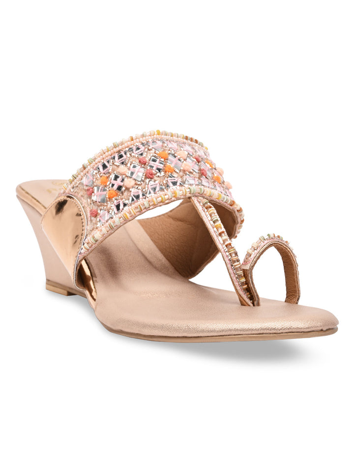 Rocia By Regal Rose Gold Women Mirror Work Kolhapuri Wedges