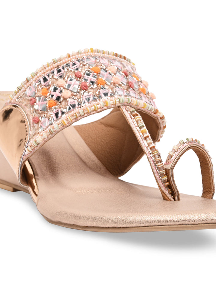 Rocia By Regal Rose Gold Women Mirror Work Kolhapuri Wedges