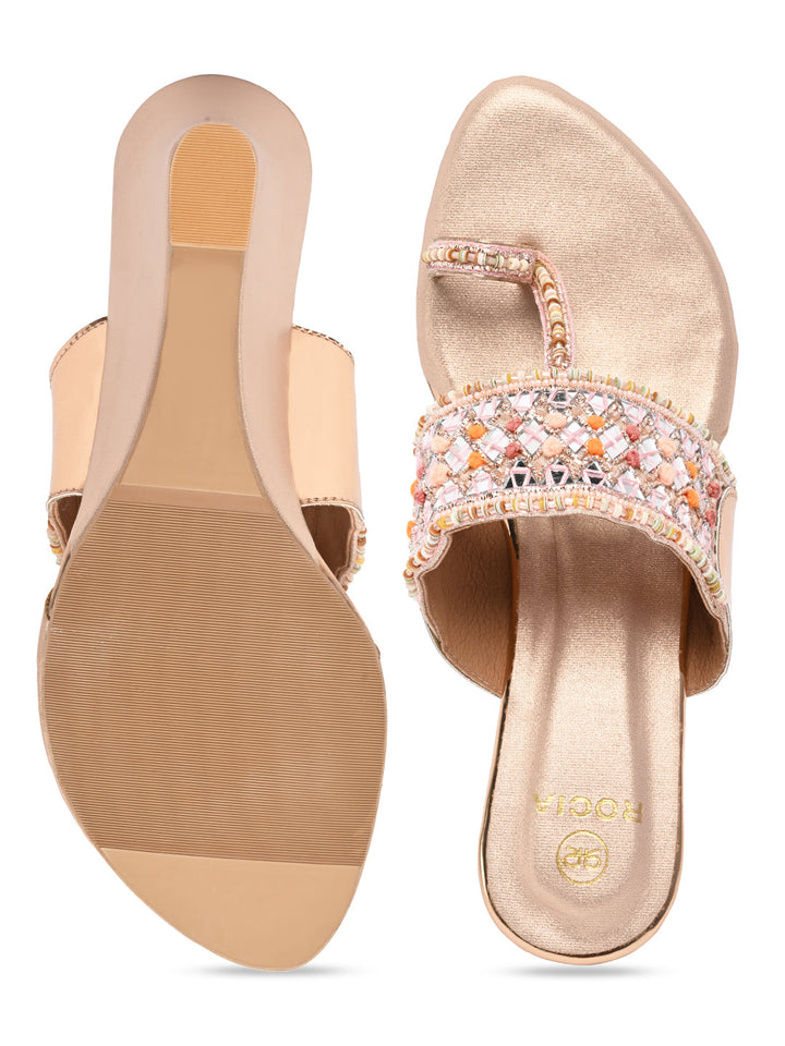 Rocia By Regal Rose Gold Women Mirror Work Kolhapuri Wedges
