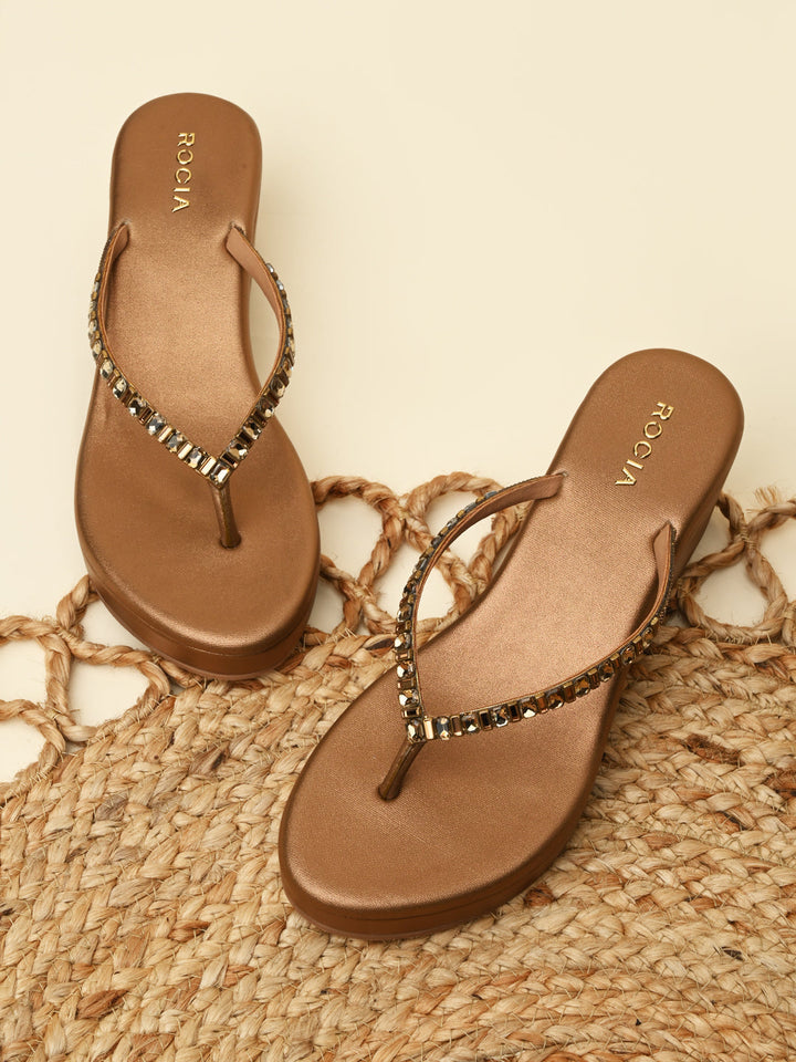 Rocia By Regal Antique Gold Women Diamond Thong Wedges