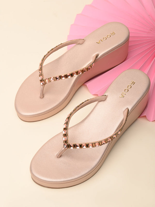 Rocia By Regal Rose Gold Women Diamond Thong Wedges