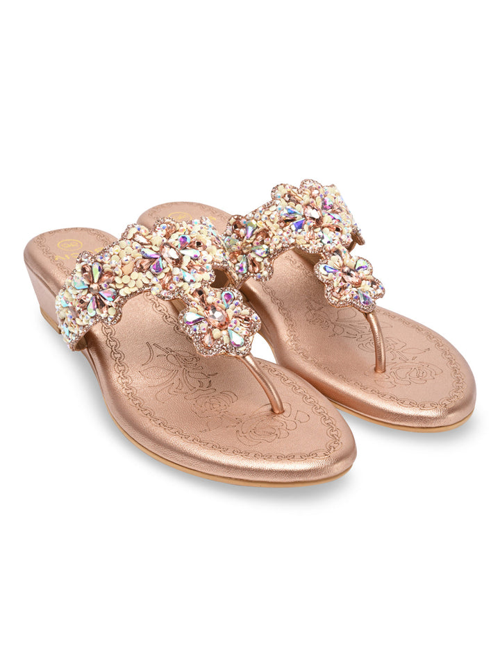 Rocia By Regal Rose Gold Women Heavy Embroidered Small Wedges