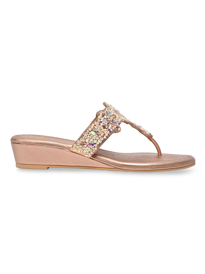 Rocia By Regal Rose Gold Women Heavy Embroidered Small Wedges