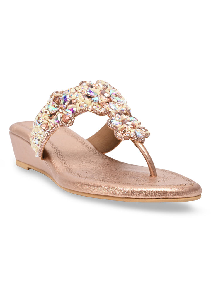 Rocia By Regal Rose Gold Women Heavy Embroidered Small Wedges
