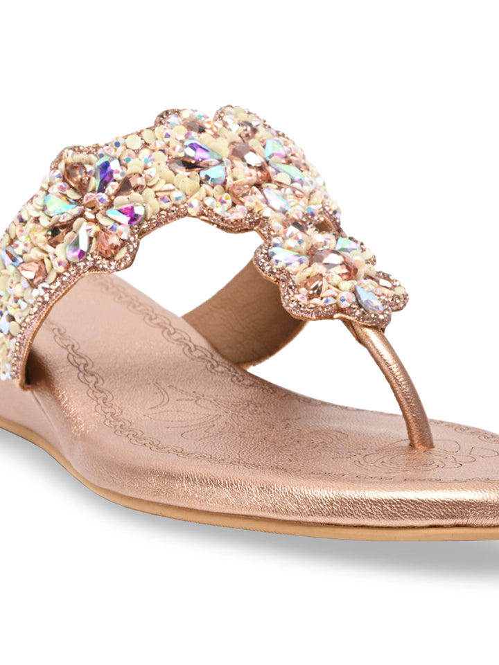 Rocia By Regal Rose Gold Women Heavy Embroidered Small Wedges