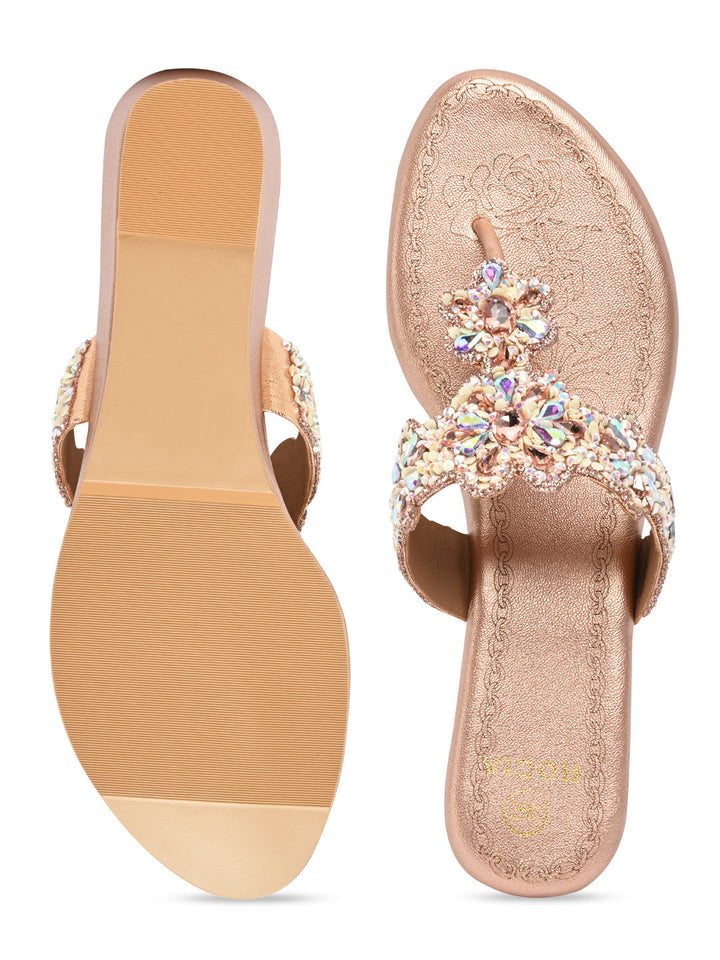 Rocia By Regal Rose Gold Women Heavy Embroidered Small Wedges
