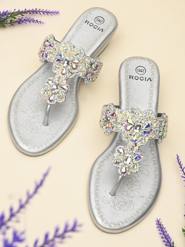 Rocia By Regal Silver Women Heavy Embroidered Small Wedges