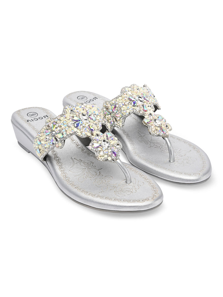 Rocia By Regal Silver Women Heavy Embroidered Small Wedges