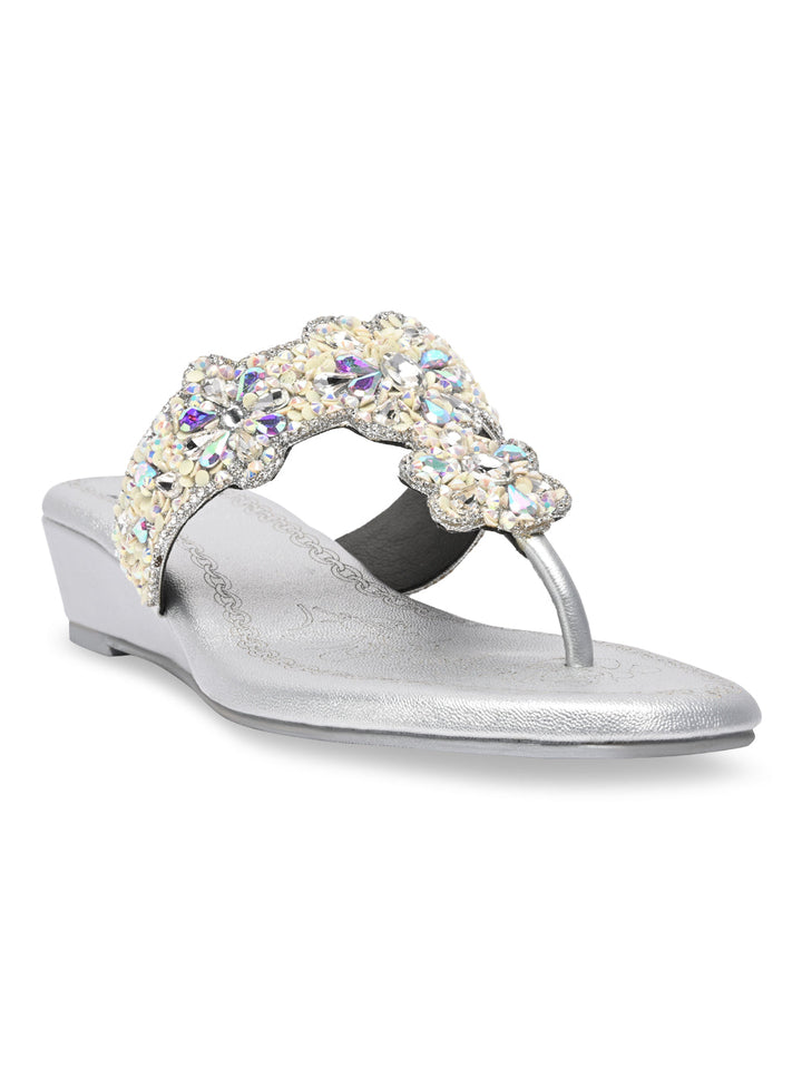 Rocia By Regal Silver Women Heavy Embroidered Small Wedges