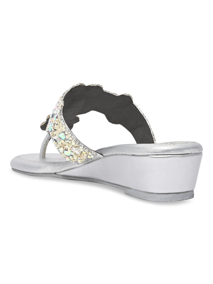 Rocia By Regal Silver Women Heavy Embroidered Small Wedges