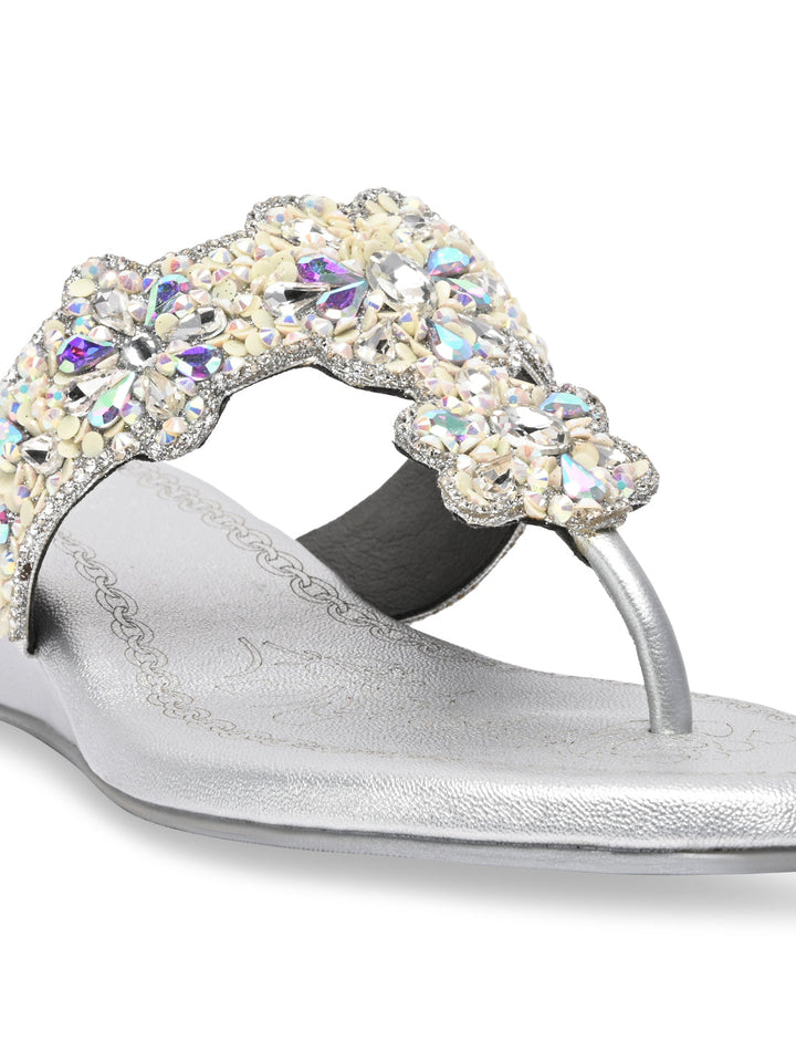 Rocia By Regal Silver Women Heavy Embroidered Small Wedges