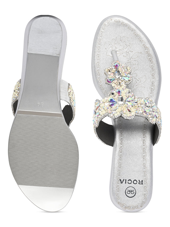 Rocia By Regal Silver Women Heavy Embroidered Small Wedges
