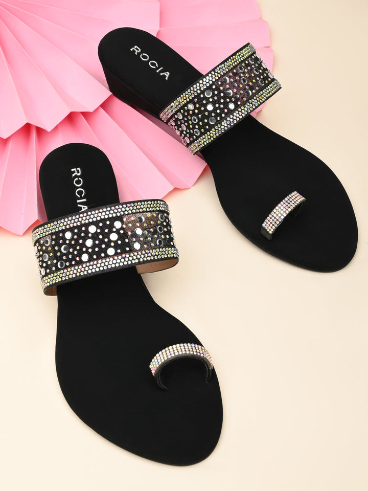 Rocia By Regal Black Women One Toe Diamond On Vinyl Fancy Wedges
