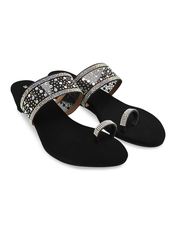 Rocia By Regal Black Women One Toe Diamond On Vinyl Fancy Wedges