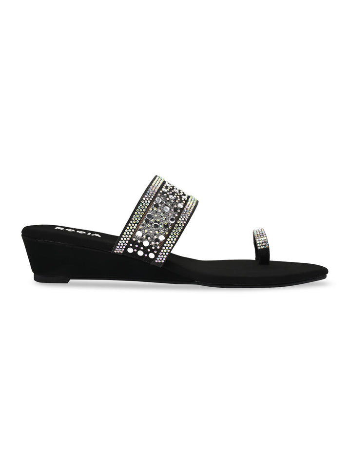 Rocia By Regal Black Women One Toe Diamond On Vinyl Fancy Wedges