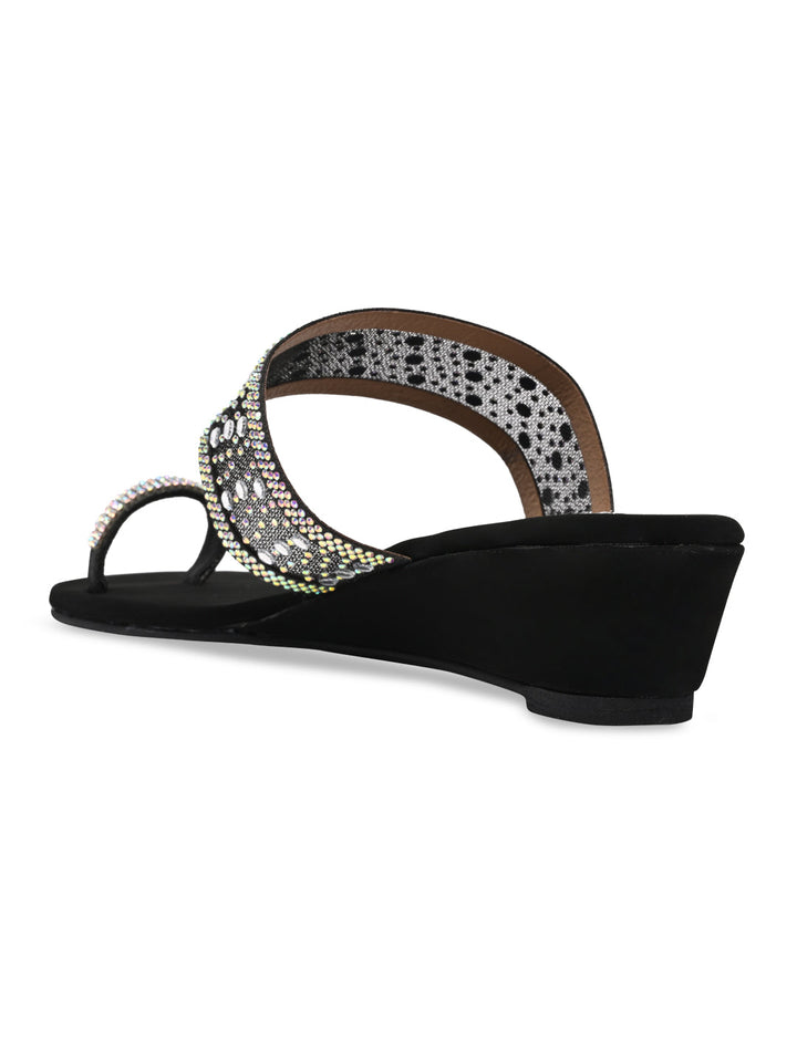 Rocia By Regal Black Women One Toe Diamond On Vinyl Fancy Wedges