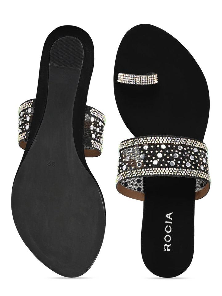 Rocia By Regal Black Women One Toe Diamond On Vinyl Fancy Wedges