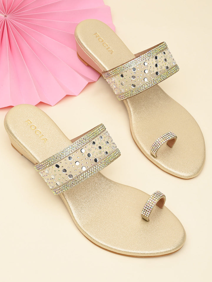 Rocia By Regal Gold Women One Toe Diamond On Vinyl Fancy Wedges