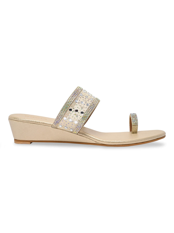 Rocia By Regal Gold Women One Toe Diamond On Vinyl Fancy Wedges