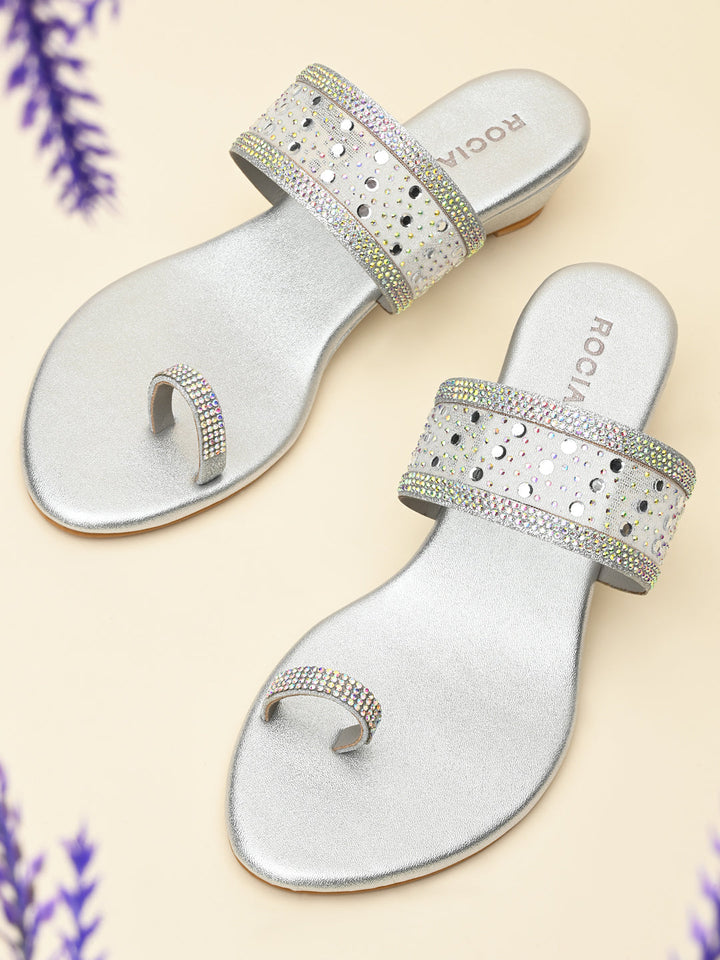 Rocia By Regal Silver Women One Toe Diamond On Vinyl Fancy Wedges