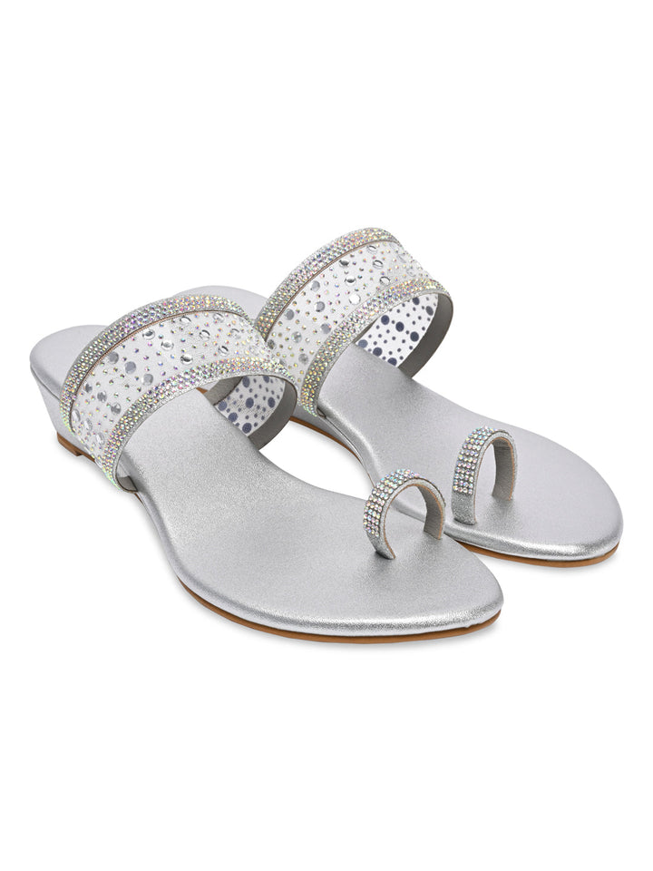 Rocia By Regal Silver Women One Toe Diamond On Vinyl Fancy Wedges